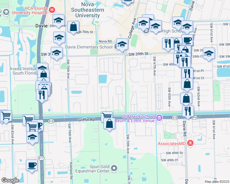 map of restaurants, bars, coffee shops, grocery stores, and more near 7111 Southwest 42nd Place in Davie