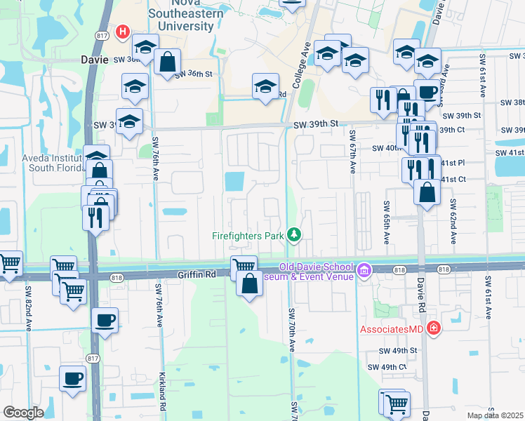 map of restaurants, bars, coffee shops, grocery stores, and more near 7111 Southwest 42nd Place in Davie
