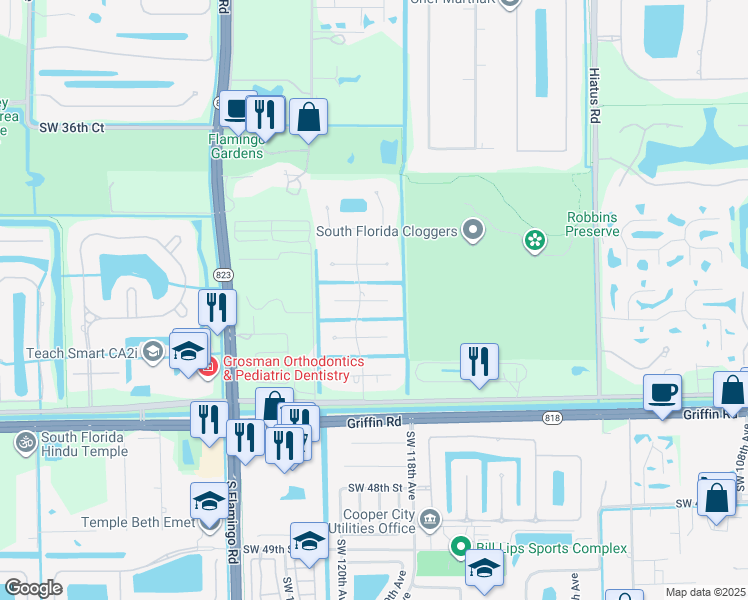 map of restaurants, bars, coffee shops, grocery stores, and more near 11849 Southwest 43rd Street in Davie