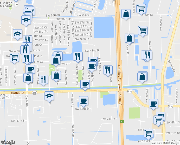 map of restaurants, bars, coffee shops, grocery stores, and more near 4291 Southwest 56th Avenue in Davie