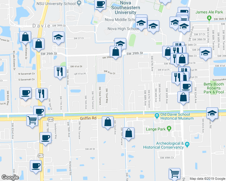 map of restaurants, bars, coffee shops, grocery stores, and more near 4234 Southwest 72nd Way in Davie