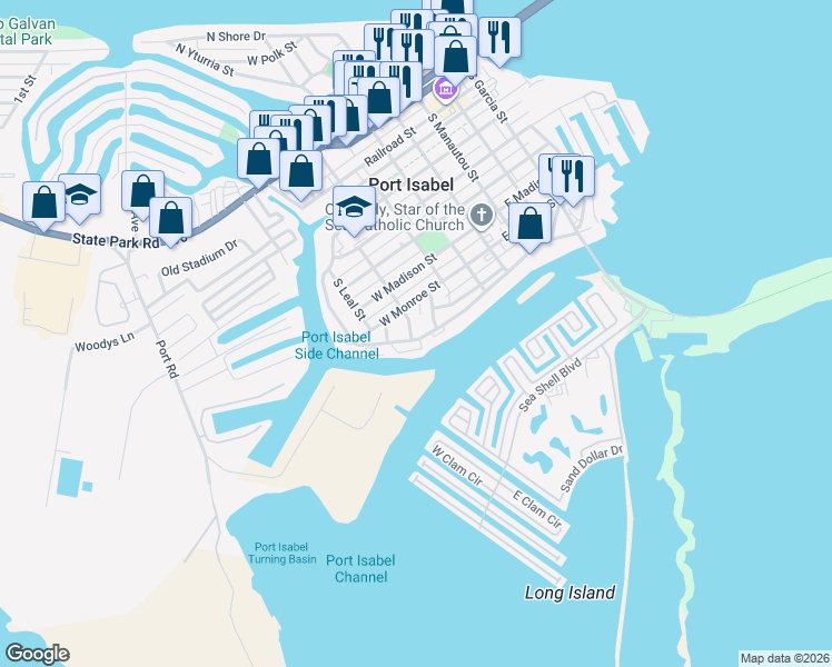 map of restaurants, bars, coffee shops, grocery stores, and more near 410 Cisneros Street in Port Isabel