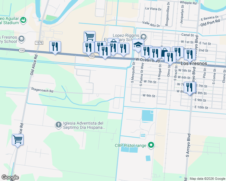 map of restaurants, bars, coffee shops, grocery stores, and more near 507 Legion Trail in Los Fresnos