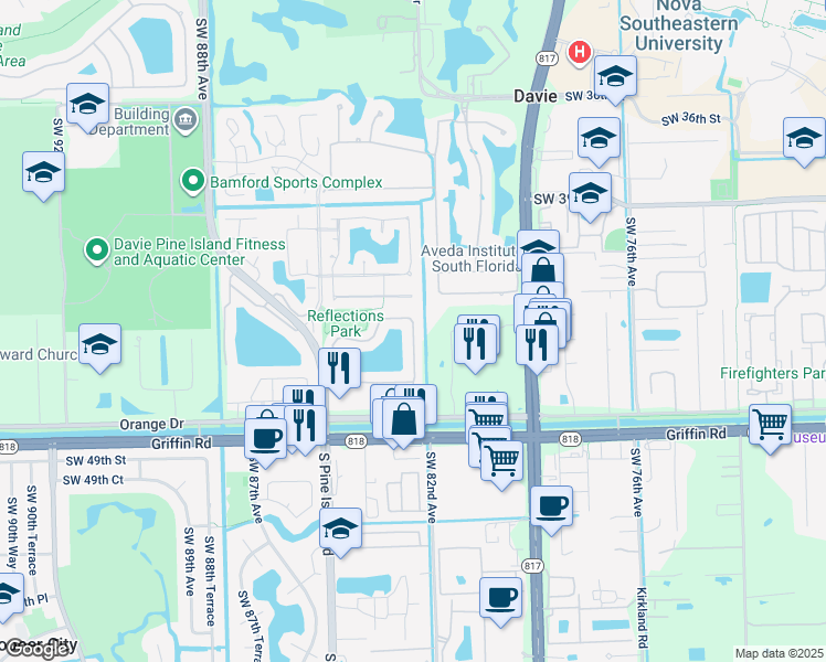 map of restaurants, bars, coffee shops, grocery stores, and more near 8294 Southwest 42nd Court in Davie