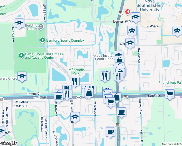 map of restaurants, bars, coffee shops, grocery stores, and more near 8294 Southwest 42nd Court in Davie