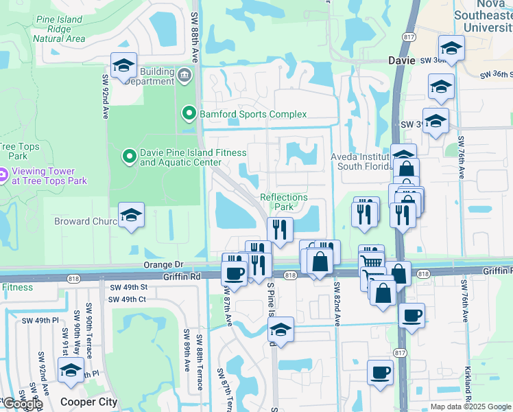 map of restaurants, bars, coffee shops, grocery stores, and more near 4250 South Pine Island Road in Davie