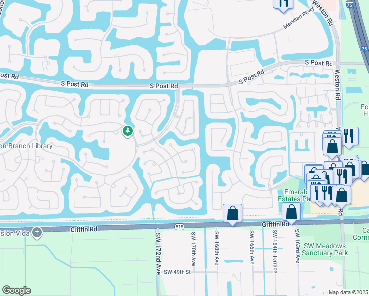 map of restaurants, bars, coffee shops, grocery stores, and more near 4114 Sabal Ridge Circle in Weston