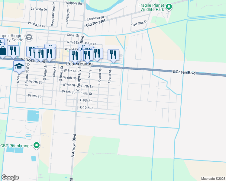 map of restaurants, bars, coffee shops, grocery stores, and more near 406 East 7th Street in Los Fresnos