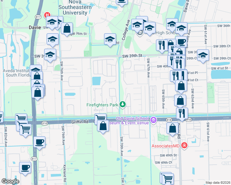 map of restaurants, bars, coffee shops, grocery stores, and more near 4229 Southwest 70th Terrace in Davie