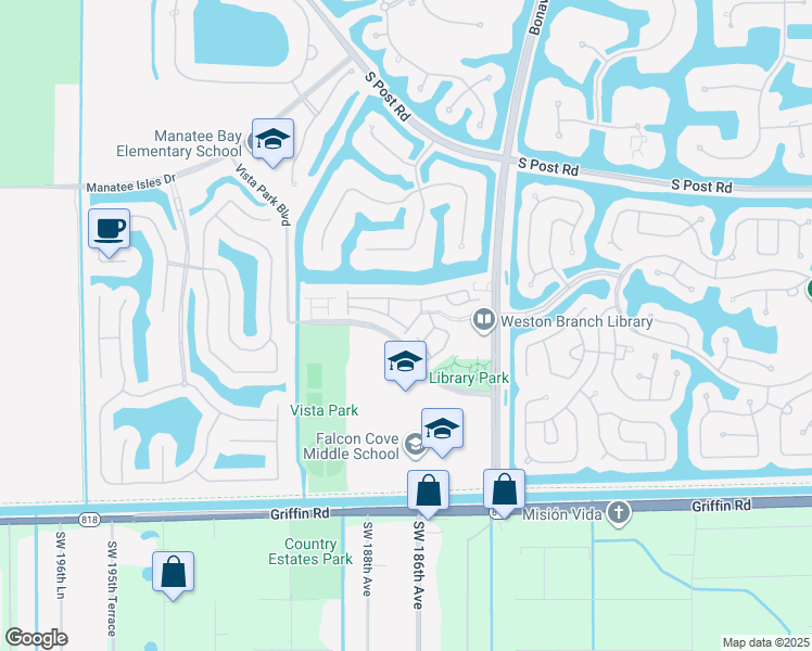 map of restaurants, bars, coffee shops, grocery stores, and more near 4101 Forest Drive in Weston