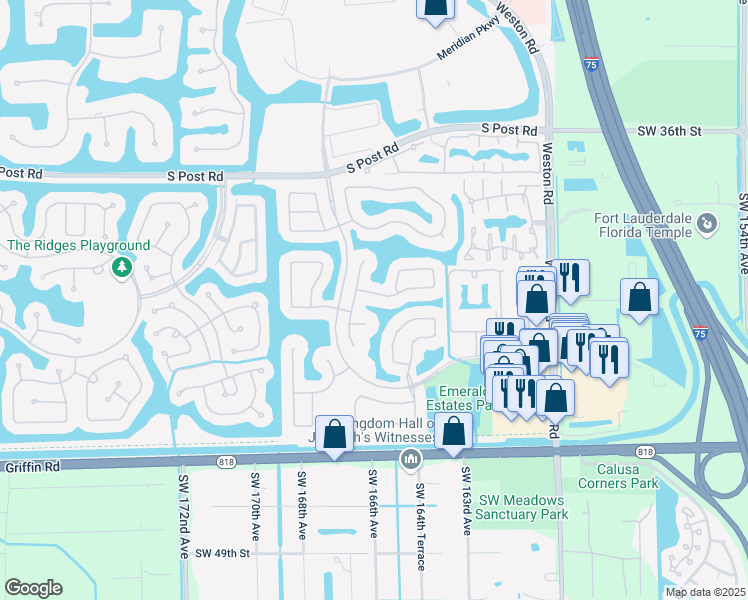 map of restaurants, bars, coffee shops, grocery stores, and more near 16516 Sapphire Street in Weston