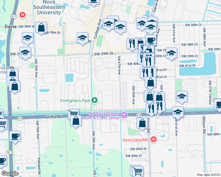 map of restaurants, bars, coffee shops, grocery stores, and more near 6821 Southwest 43rd Street in Davie