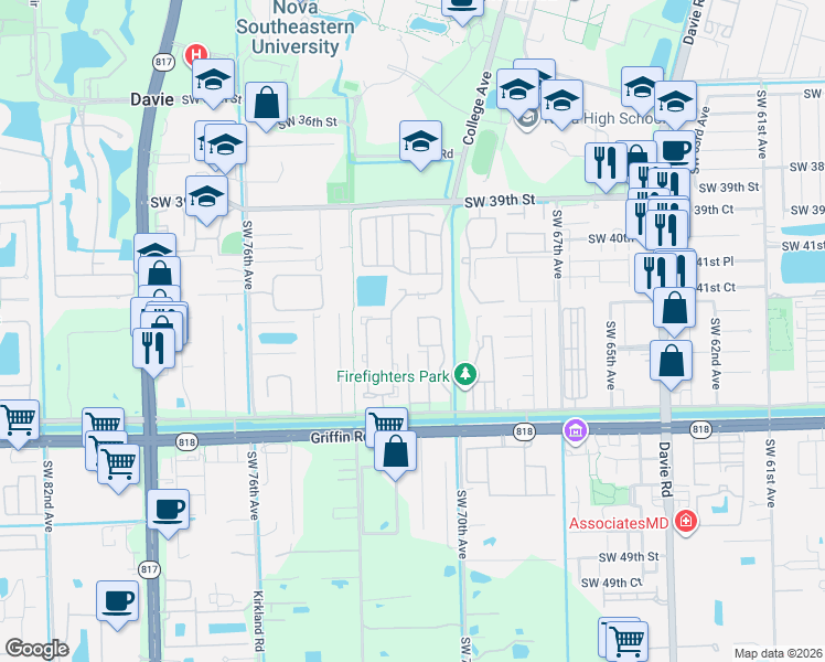 map of restaurants, bars, coffee shops, grocery stores, and more near 4234 Southwest 72nd Way in Davie