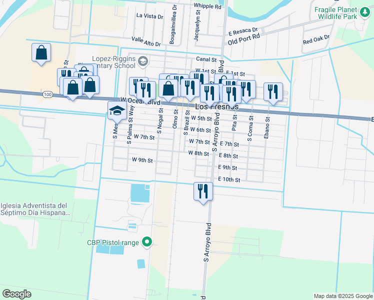 map of restaurants, bars, coffee shops, grocery stores, and more near 210 West 8th Street in Los Fresnos