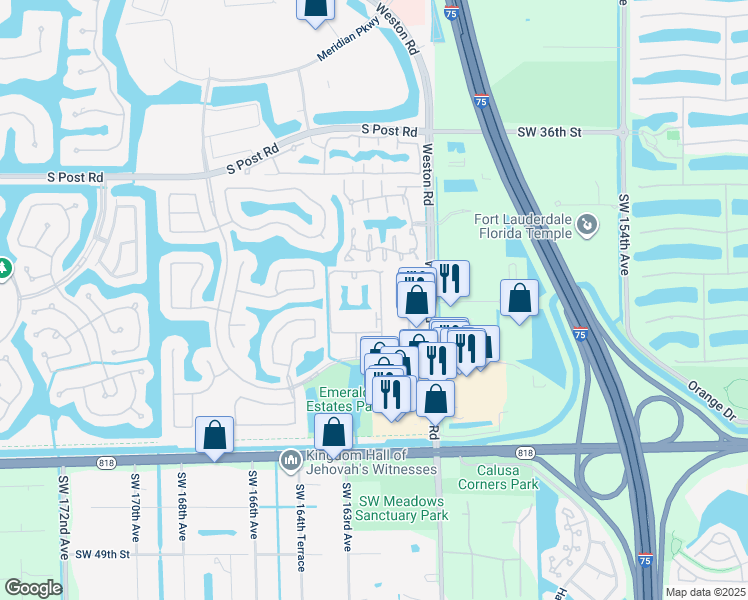map of restaurants, bars, coffee shops, grocery stores, and more near 16110 Emerald Estates Drive in Weston