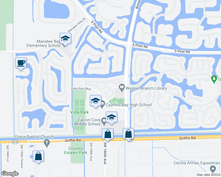 map of restaurants, bars, coffee shops, grocery stores, and more near 4335 Vineyard Circle in Weston