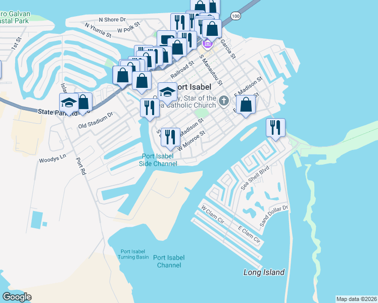 map of restaurants, bars, coffee shops, grocery stores, and more near 410 Cisneros Street in Port Isabel