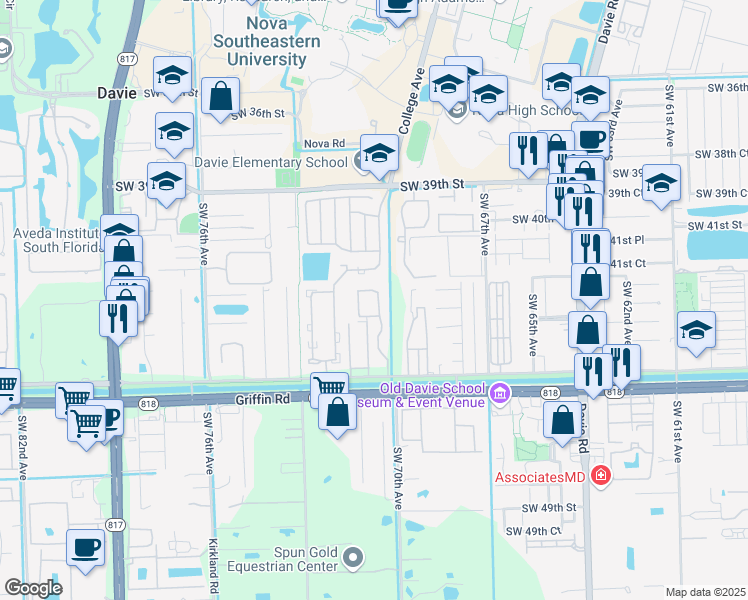 map of restaurants, bars, coffee shops, grocery stores, and more near 4229 Southwest 70th Terrace in Davie