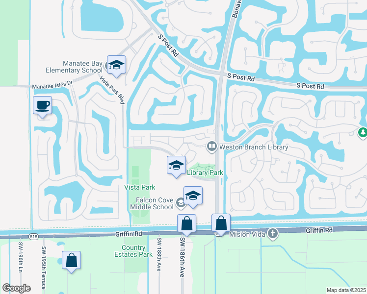 map of restaurants, bars, coffee shops, grocery stores, and more near 4101 Forest Drive in Weston