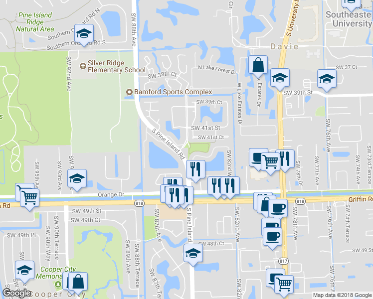 map of restaurants, bars, coffee shops, grocery stores, and more near 4250 South Pine Island Road in Davie