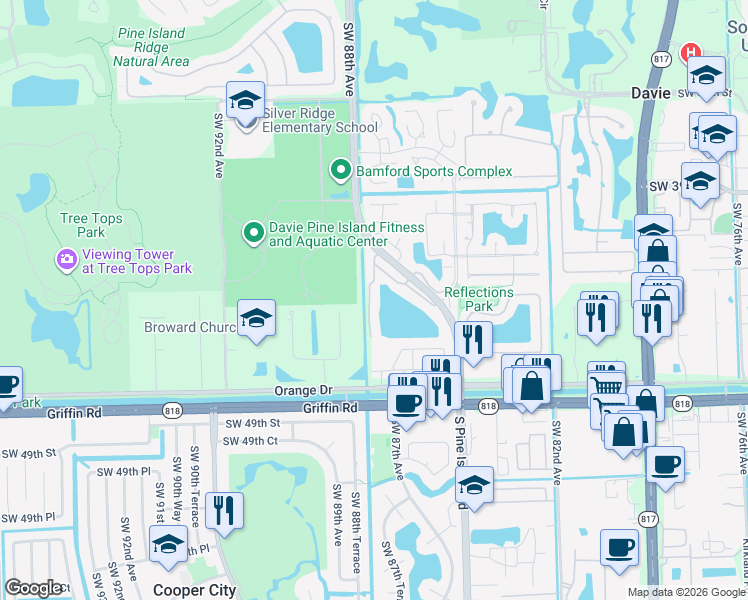 map of restaurants, bars, coffee shops, grocery stores, and more near 4206 Southwest 87th Terrace in Cooper City