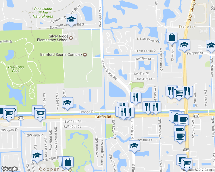 map of restaurants, bars, coffee shops, grocery stores, and more near 4206 Southwest 87th Terrace in Cooper City