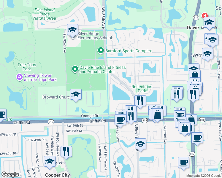 map of restaurants, bars, coffee shops, grocery stores, and more near 4206 Southwest 87th Terrace in Cooper City