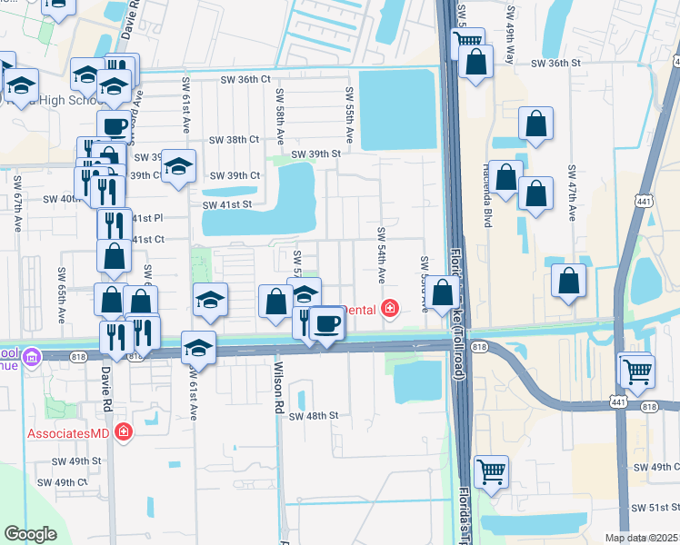 map of restaurants, bars, coffee shops, grocery stores, and more near 4291 Southwest 56th Avenue in Davie