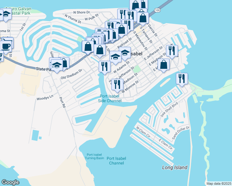map of restaurants, bars, coffee shops, grocery stores, and more near 310 South Leal Street in Port Isabel