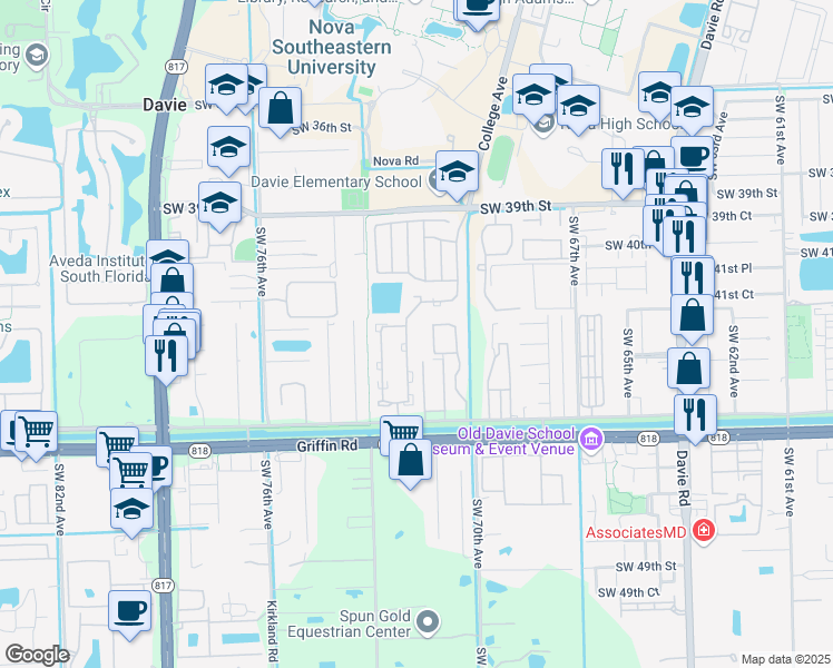 map of restaurants, bars, coffee shops, grocery stores, and more near 4234 Southwest 72nd Way in Davie