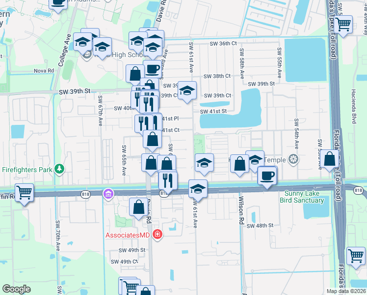 map of restaurants, bars, coffee shops, grocery stores, and more near 6141 Southwest 42nd Place in Davie