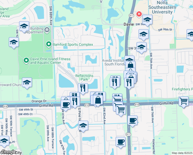 map of restaurants, bars, coffee shops, grocery stores, and more near 8294 Southwest 42nd Court in Davie