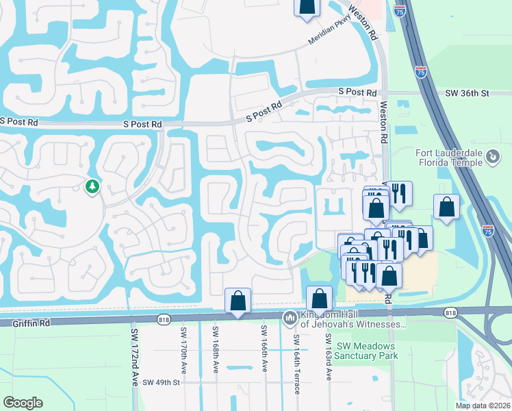 map of restaurants, bars, coffee shops, grocery stores, and more near 16516 Sapphire Street in Weston