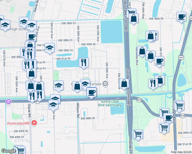map of restaurants, bars, coffee shops, grocery stores, and more near 4291 Southwest 56th Avenue in Davie