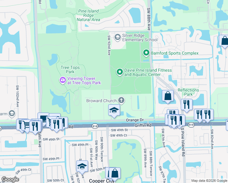 map of restaurants, bars, coffee shops, grocery stores, and more near 4250 Southwest 92nd Avenue in Davie