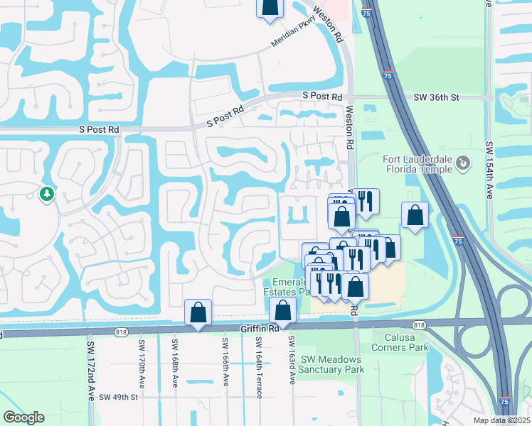 map of restaurants, bars, coffee shops, grocery stores, and more near 16402 Sapphire Street in Weston