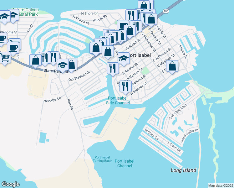 map of restaurants, bars, coffee shops, grocery stores, and more near 706 South Shore Drive in Port Isabel