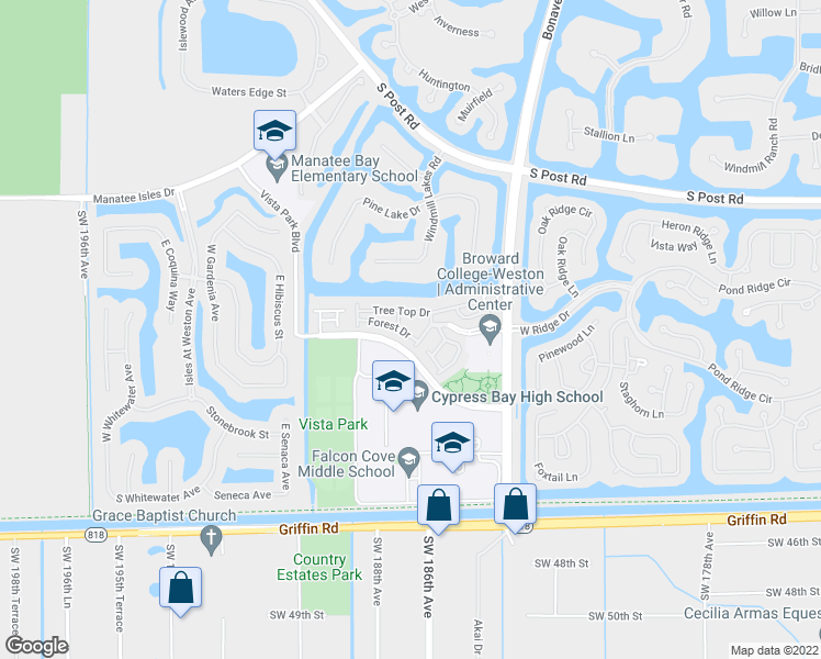 map of restaurants, bars, coffee shops, grocery stores, and more near 4113 Forest Drive in Weston