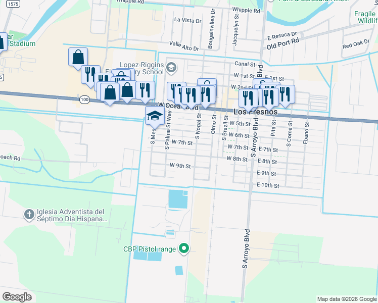 map of restaurants, bars, coffee shops, grocery stores, and more near 406 W 8th St in Los Fresnos