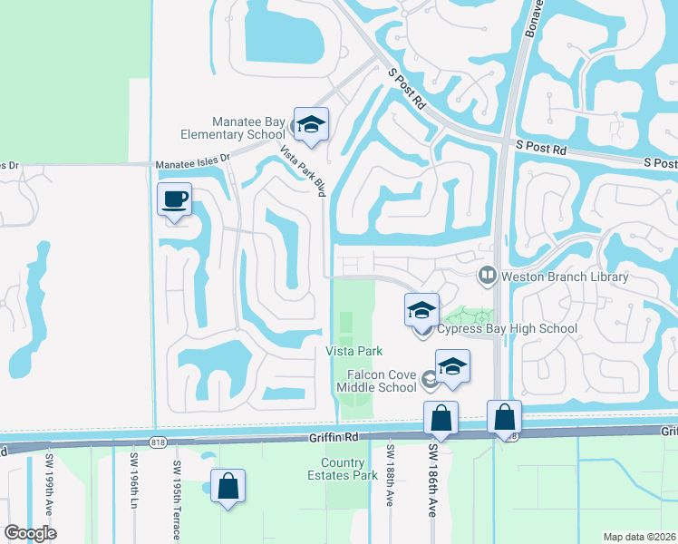 map of restaurants, bars, coffee shops, grocery stores, and more near 3921 Vista Grove Lane in Weston
