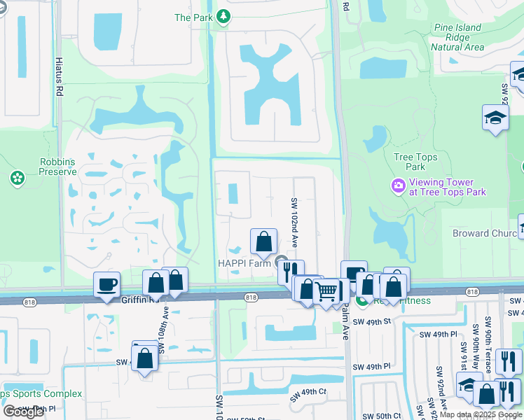 map of restaurants, bars, coffee shops, grocery stores, and more near 4101 Southwest 103rd Avenue in Davie