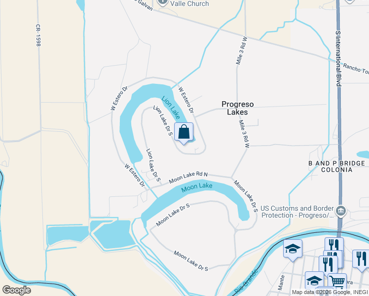 map of restaurants, bars, coffee shops, grocery stores, and more near 1451 Lion Lake Drive South in Weslaco