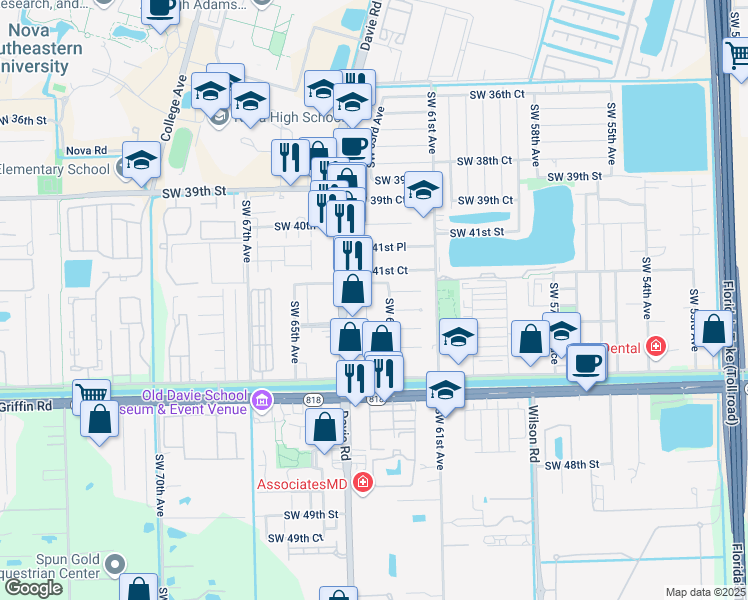 map of restaurants, bars, coffee shops, grocery stores, and more near 4224 Southwest 63rd Avenue in Davie