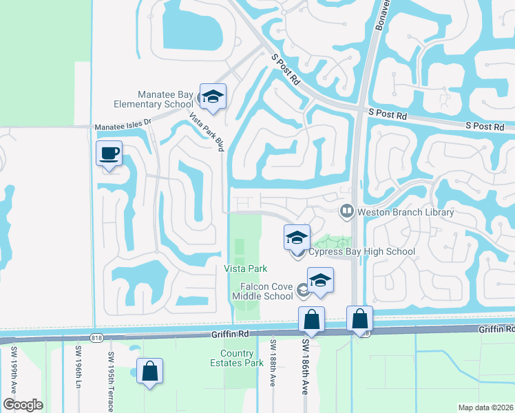 map of restaurants, bars, coffee shops, grocery stores, and more near 3922 Cherry Lane in Weston