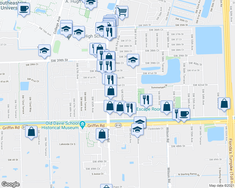 map of restaurants, bars, coffee shops, grocery stores, and more near 4249 Southwest 62nd Avenue in Davie