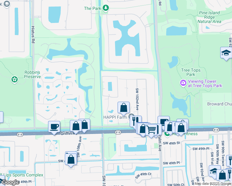 map of restaurants, bars, coffee shops, grocery stores, and more near 4101 Southwest 103rd Avenue in Davie