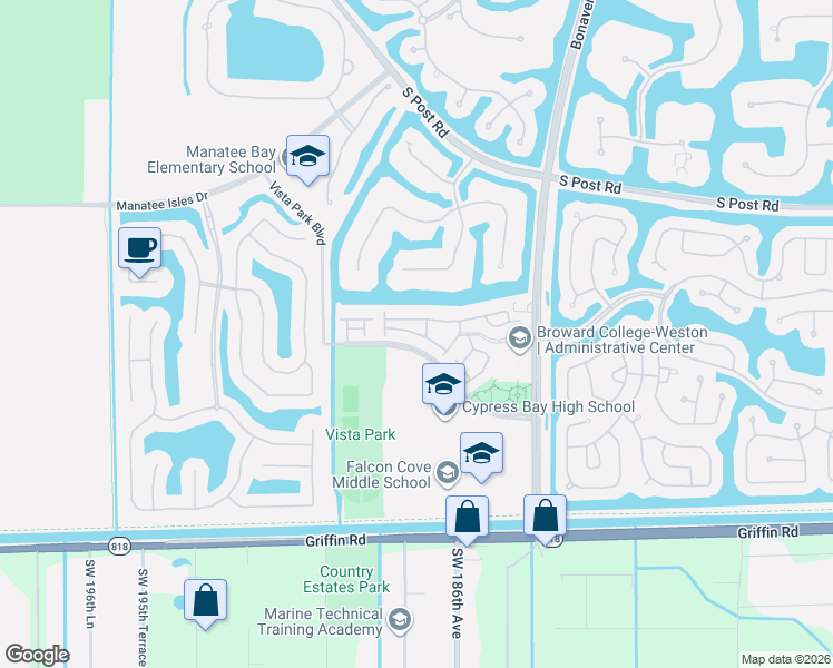 map of restaurants, bars, coffee shops, grocery stores, and more near 4138 Forest Drive in Weston