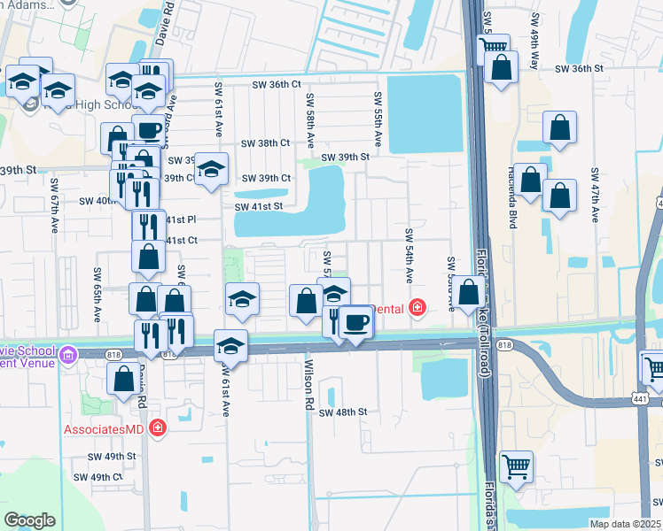 map of restaurants, bars, coffee shops, grocery stores, and more near 4220 Southwest 57th Terrace in Davie