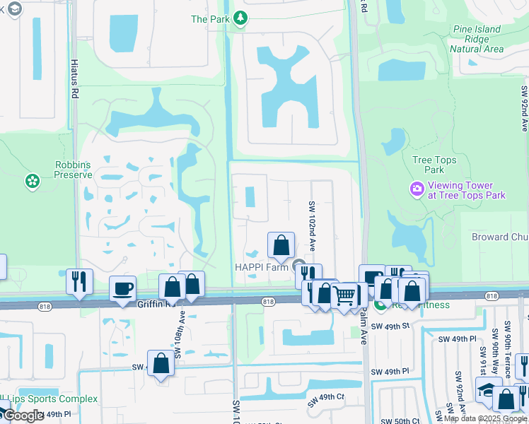 map of restaurants, bars, coffee shops, grocery stores, and more near 4101 Southwest 103rd Avenue in Davie