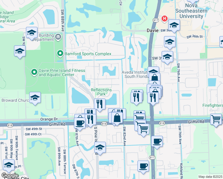 map of restaurants, bars, coffee shops, grocery stores, and more near 8335 Southwest 42nd Court in Davie
